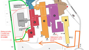 Piirretty karttakuva Etelä-Karjalan keskussairaalan alueesta. Karttaan on merkitty työmaa-alueeksi rajattu alue.