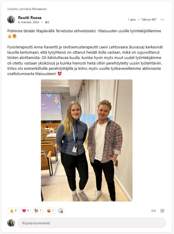 Kuvassa Viva Engagesta otettu kuvakaappaus, jossa kaksi uutta työntekijää seisoo katsoen kameraan. Kuvassa on teksti: "
Pidimme tänään iltapäivällä Tervetuloa ekhvalaiseksi -tilaisuuden uusille työntekijöillemme. 
Fysioterapeutti Anna Ravantti ja ravitsemusterapeutti Leevi Lehtovaara (kuvassa) kerkesivät 
tauolla kertomaan, että työyhteisö on ottanut heidät ilolla vastaan, mikä on sujuvoittanut 
teiden aloittamista. Oli ilahduttavaa kuulla, kuinka hyvin myös muut uudet työntekijämme oli otettu vastaan yksiköissä ja kuinka hienosti heitä oltiin perehdytetty uusiin työtehtäviin. 
Kiitos siis esimerkillisille perehdyttäjille ja kiitos myös uusille työkavereillemme aktiivisesta 
osallistumisesta tilaisuuteen!"