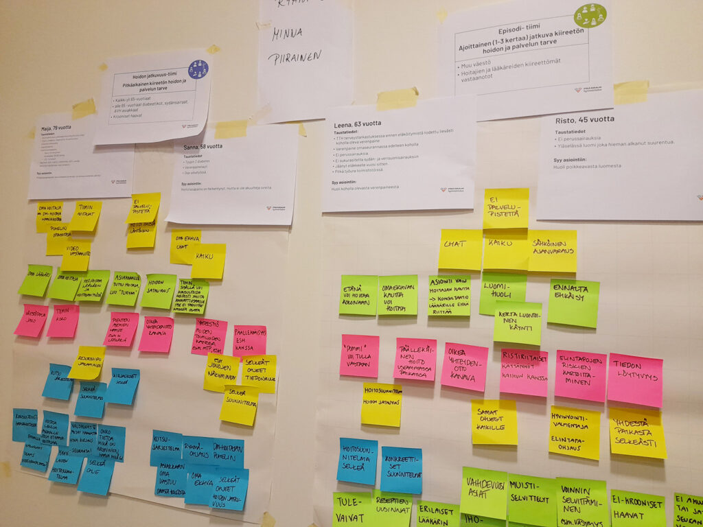 Vinottain kuvattu seinä, jolle on kiinnitetty riveihin erivärisiä muistilappuja, joissa on tekstejä. Seinä yläosassa on valkoisia A4-kokoisia tulosteita, joissa on printattua tekstiä.