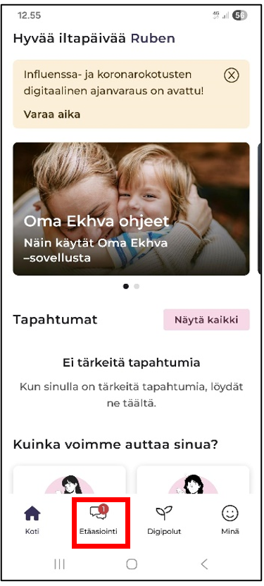 Oma Ekhva mobiilisovelluksen etäasiointi-välilehti
