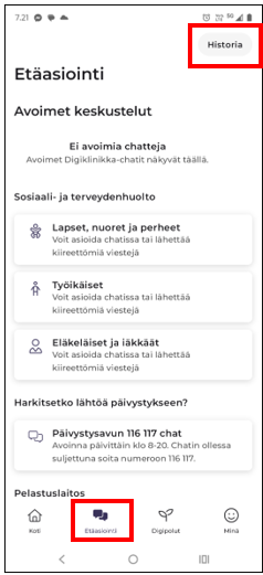 Päättyneiden keskustelujen historia-näkymä mobiililaitteella