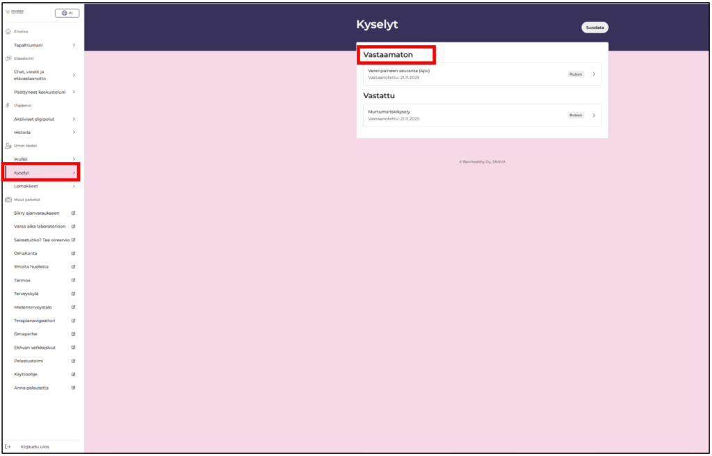 Kysely näkymä Oma Ekhvassa tietokoneella