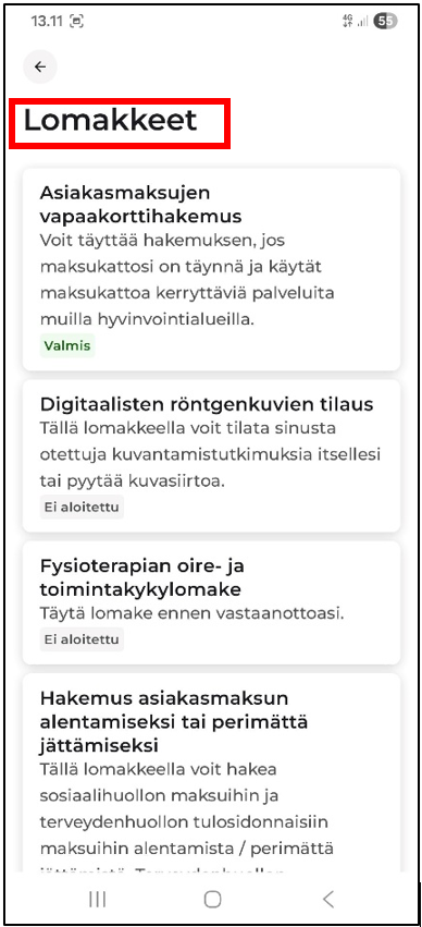 Lomakelistaus mobiililaitteella